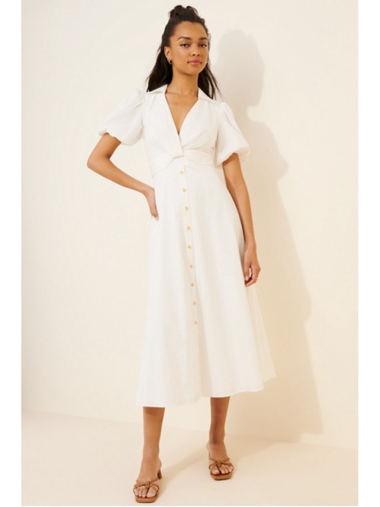 Hutch Dresses & Skirts - Women's Hutch White Puff Sleeve Twist Front Collared Midi Dress Size 0